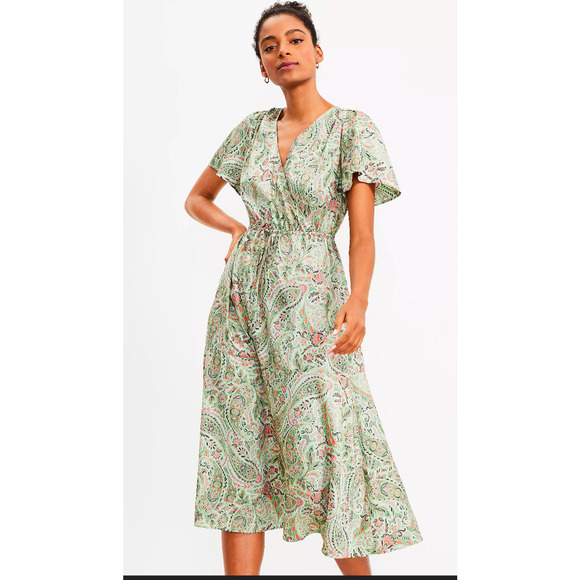 LOFT womens size XL Green Paisley Flounce Midi Wrap Dress EUC - Picture 1 of 10